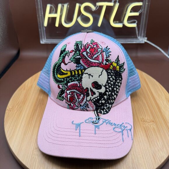 Ed Hardy Rhinestone Cobra Trucker Hat Pink & Sky - Picture 1 of 7